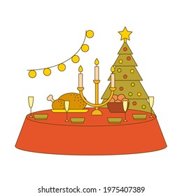 Cute Christmas eve dinner: table with chicken and buns and plates and champaign glasses and a candlestick. Christmas tree with a garland and a star. White background. Flat outline style illustration.