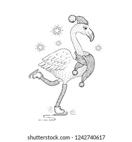 Cute Christmas exotic animal art. Flamingo tropical bird skates in scarf. Merry Xmas, New Year cartoon black line icon. For girl t-shirt print, coloring book design. Hand drawn vector sketch isolated 