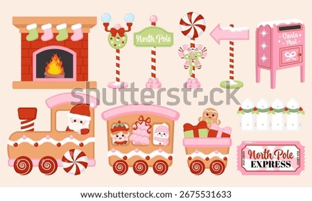 Cute Christmas express train and village ornament clipart