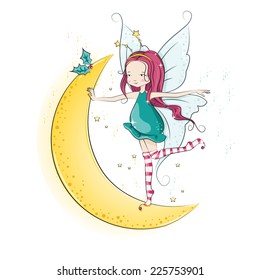Cute Christmas fairy on moon. Vector illustration