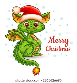 Cute Christmas fantasy dragon or dinosaur in Santa hat, happy Chinese New Year holiday. Funny magic fire lizard reptile. Baby dino cartoon animal character. Xmas celebration. Kid greeting card. Vector