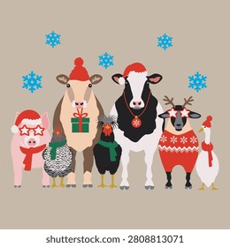 Cute Christmas farm animals vector illustration. Group portrait of cows, pig, sheep, chickens, and goose wearing Santa hats and winter sweaters with blue snowflakes on a beige background.