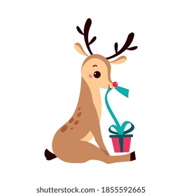 Cute Christmas Fawn with Present Box, Merry Xmas and New Year, Happy Winter Holidays Concept Cartoon Style Vector Illustration