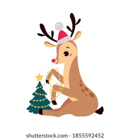 Cute Christmas Fawn in Santa Hat Sitting with Decorated Fir Tree, Merry Xmas and New Year, Happy Winter Holidays Concept Cartoon Style Vector Illustration