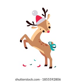 Cute Christmas Fawn in Santa Hat with Bow on its Tail, Merry Xmas and New Year, Happy Winter Holidays Concept Cartoon Style Vector Illustration