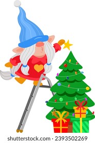 Cute Christmas Female Gnome Cartoon Character Decorates The Christmas Tree. Vector Illustration Flat Design Isolated On Transparent Background