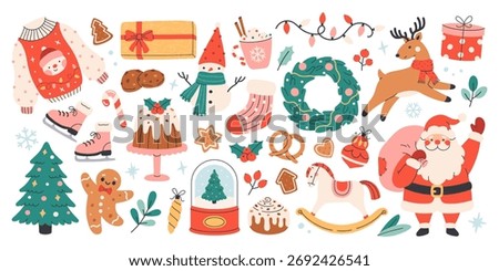 Cute Christmas festive elements set. Santa, snowman, gifts, festive pastry, candies, garland, reindeer, gingerbreads, skates. Cute winter holiday stickers. Flat vector illustration on white background
