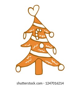 Cute Christmas festive gingerbread and cookie style tree vector illustration isolated on white background. Cartoon hand drawn Christmas symbol. Doodle style Christmas cookie.