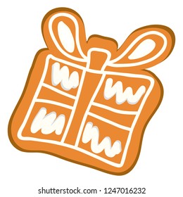 Cute Christmas festive gingerbread and cookie style gift box vector illustration isolated on white background. Cartoon hand drawn Christmas symbol. Doodle style Christmas cookie.