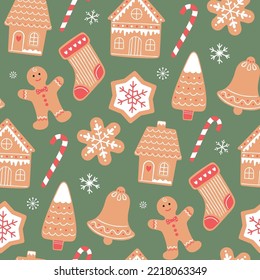 Cute Christmas festive gingerbread seamless vector pattern background for holiday season wallpaper, gift wrapping paper.