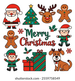 Cute Christmas Festive Icons Featuring Santa, Elves, Tree, Gifts, and Gingerbread Illustration