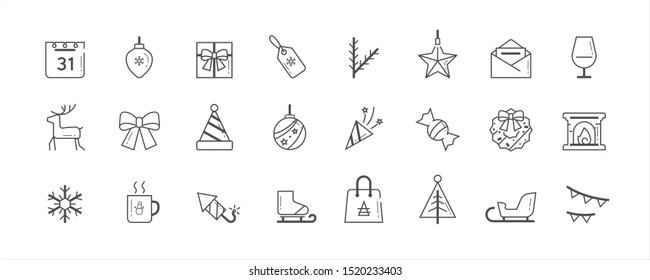 Cute Christmas festive outline flat vector icon set in white background