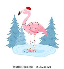Cute Christmas Flamingo in flat style for holiday designs banner, cover, advertisement, greeting card. Vector illustration of Christmas. Concept of Christmas and New Year