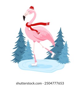 Cute Christmas Flamingo in ice skates in flat style for holiday designs banner, cover, advertisement, greeting card. Vector illustration of Christmas. Concept of Christmas and New Year