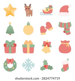 Cute Christmas flat icon collection for festive holiday design projects.