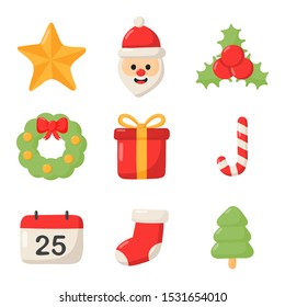cute christmas flat icon set isolated on white background. vector Illustration.