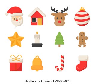 cute christmas flat icon set isolated on white background. vector Illustration.