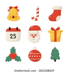 cute christmas flat icon set isolated on white background. vector illustration.