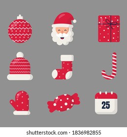 cute christmas flat icon set isolated on gray background. vector Illustration.