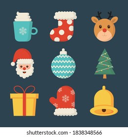 cute christmas flat icon set isolated on blue background. vector Illustration.