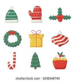 cute christmas flat icon set isolated on white background. vector Illustration.