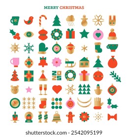 Cute Christmas Flat Icons Set. Minimal geometric design with golden parts. Vector illustration.