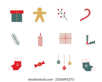 Cute Christmas flat icons set with snowman, gifts, and holiday cheer Merry Christmas, Happy New Year vector illustration EPS10