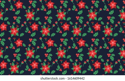 Cute Christmas flower pattern background, with beautiful leaf and red flower design.