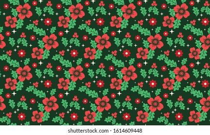 Cute Christmas flower pattern background, with beautiful leaf and red flower design.