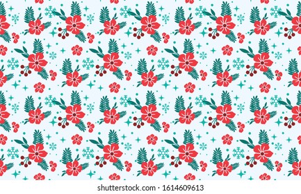 Cute Christmas flower pattern background, with unique leaf and red flower drawing.