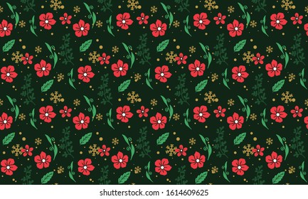 Cute Christmas flower pattern background, with unique leaf and red flower drawing.