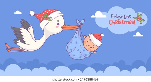 Cute Christmas flying stork in Santa hat and newborn boy. Vector illustration. Funny cartoon bird kawaii and holiday arrival of infant. Baby shower new year horizontal card. Kids collection
