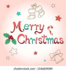 Cute christmas font vector illustration, Christmas season, Star, Shoes, Sock, Candy, Christmas flower holly berry and Bells doodle icon element, Use for card and wallpaper.