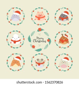 Cute christmas forest animals. Wildlife cartoon character set. Deer, rabbit, fox, bear, puppy, pig, wolf, sheep in winter costume. New Year greeting cards. Hand drawn lettering. Christmas wreath