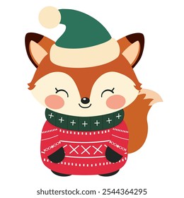 Cute christmas fox with green hat, red sweater, and green scarf.