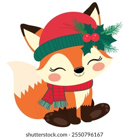 Cute Christmas Fox with red scarf and red hat decorated with holly berry bouquet.