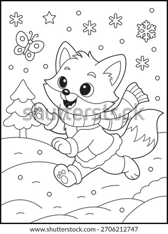 Cute Christmas Fox Running in Snow Coloring Page for Kids| Winter Forest Scene with Butterfly and Snowflakes. Holiday Coloring Page for Kids