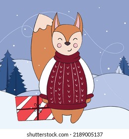 cute Christmas fox, Santa's helper, Christmas illustration with a fox, ready-made banner with an animal in Christmas clothes