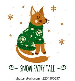 Cute Christmas fox in a warm sweater. Little forest animal in a green jacket decorated with snowflakes. Snow fairy tale, red cub. Beast isolated on white. Simple cartoon clipart for cards, posters