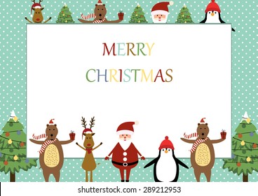 Cute Christmas Frame With Santa, Reindeer, Bear And Penguin