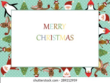 Cute Christmas Frame With Santa, Reindeer, Bear And Penguin