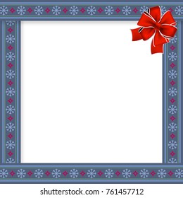 Cute Christmas frame with snow flakes pattern on blue background, red bow and copy space. Vector illustration, template, border.