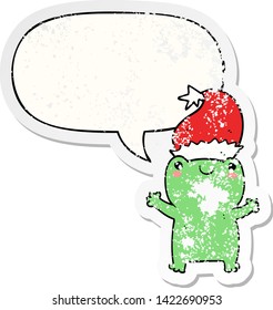 cute christmas frog with speech bubble distressed distressed old sticker