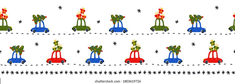 Cute Christmas funny transport with fir tree and presents. Washi tape decor for Xmas design with cars.