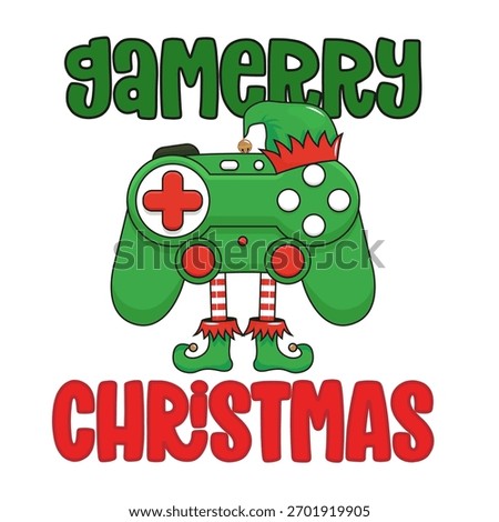 Cute Christmas gaming design featuring a green game controller with elf hat and legs and the punny phrase “Gamerry Christmas,” perfect for holiday T-shirts, pajamas and gamer gifts.