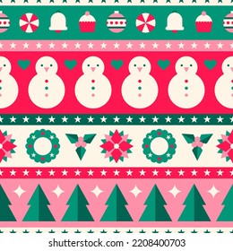 Cute christmas geometric elements seamless striped pattern background.