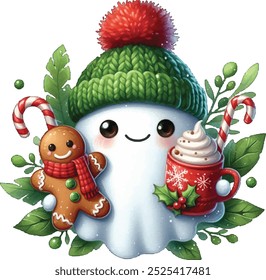 Cute Christmas Ghost with Coffee