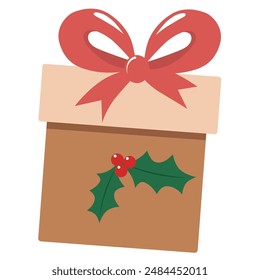 Cute Christmas gift box decorated with small holly berry and coral red ribbon on top. Vector illustration.