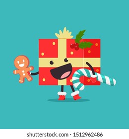 Cute Christmas gift box with gingerbread, candy cane and mistletoe vector cartoon character isolated on background.
