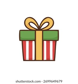 Cute Christmas gift box with red and green ribbon, festive cartoon vector illustration.
